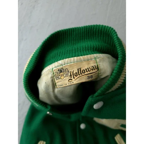 Vintage 1960s Holloway Green Wool Varsity Bomber Jacket USA Made 38 M - Picture 7 of 15